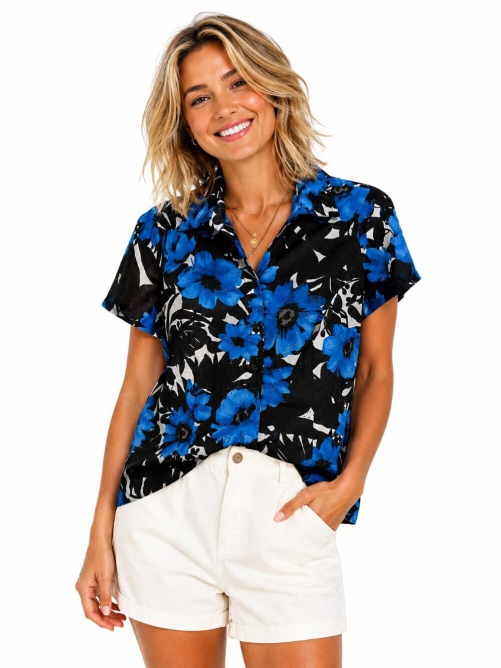 Kim Rogers Shirt Womens Petite Small Blue Black Floral Print Eyelet Hawaiian